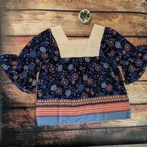 UMGEE Boho Peasant Top Size Large Blue/Cream 3/4 sleeve